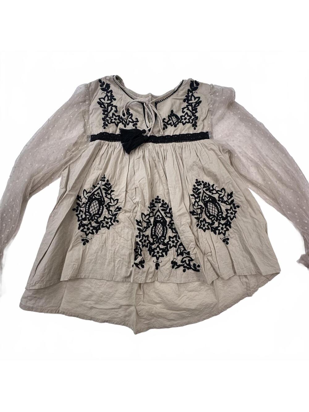 Cupio Boho Chic Embroidered Sheer Sleeve Tunic Top Cream Black - Medium